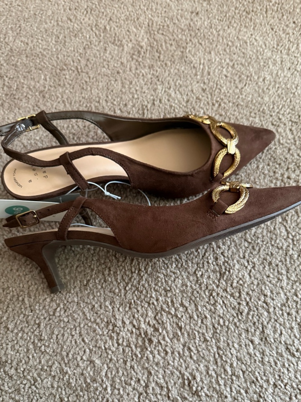 a new day Brown Suede Slingback Pointed Toe Heel with Gold Double-Ring - Picture 3 of 5